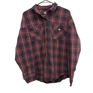 Dickies Mens Large Plaid Flannel Button Down Shirt Burgundy Black Orange